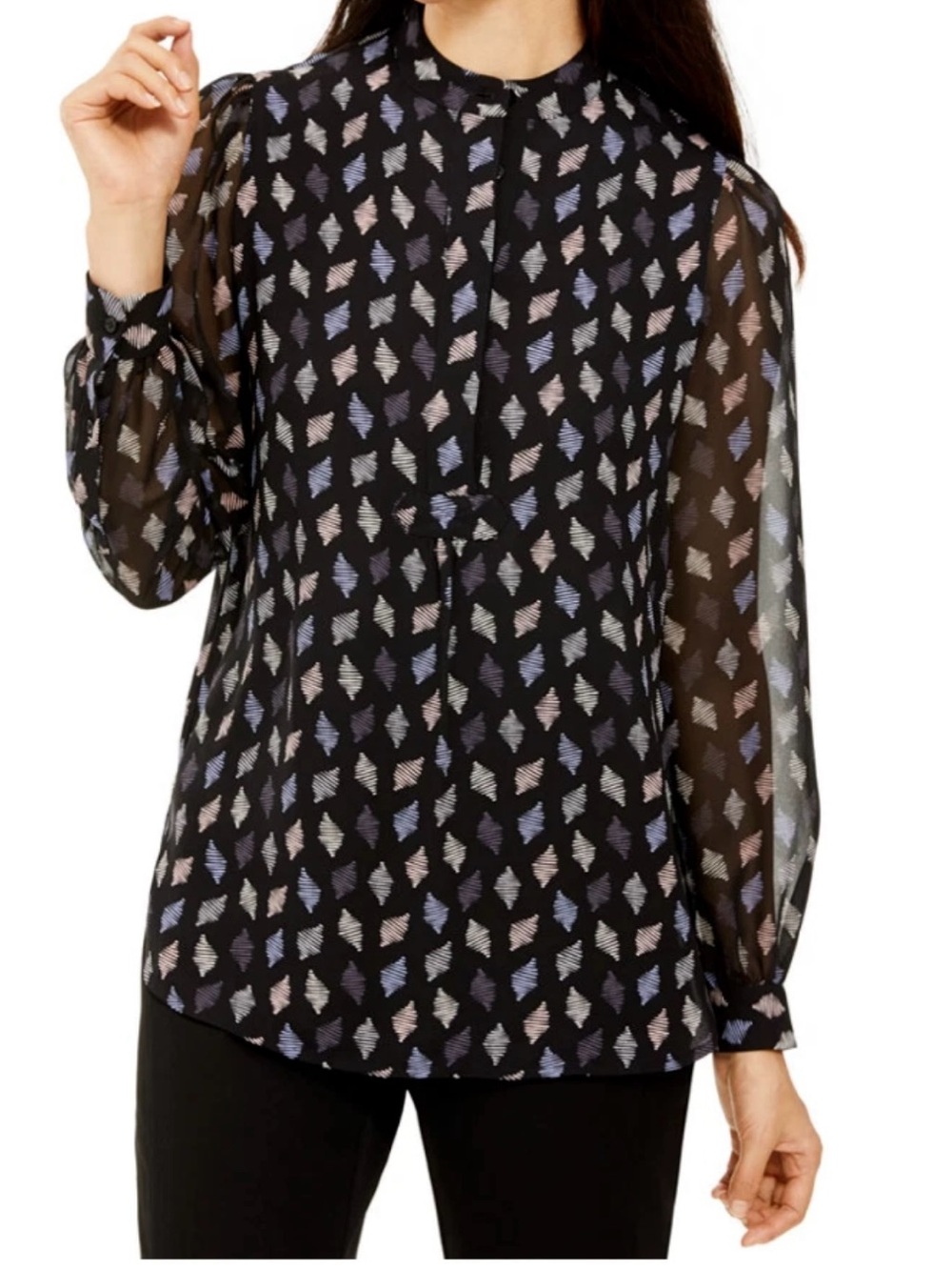 Anne Klein Black Blouse with Cream and Light Blue Leaf Print